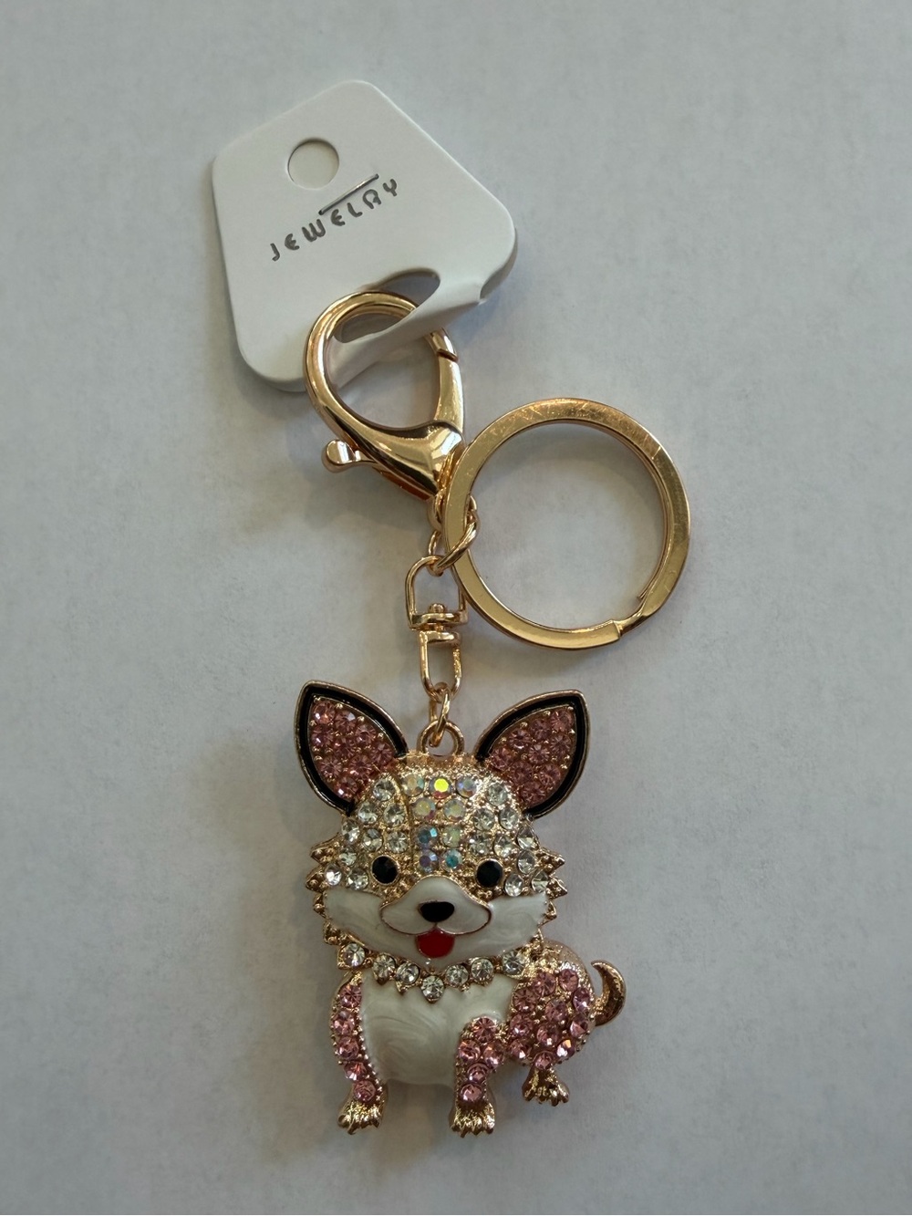 NWT Rhinestone Corgi Dog Keychain Bag Charm Pink Gold